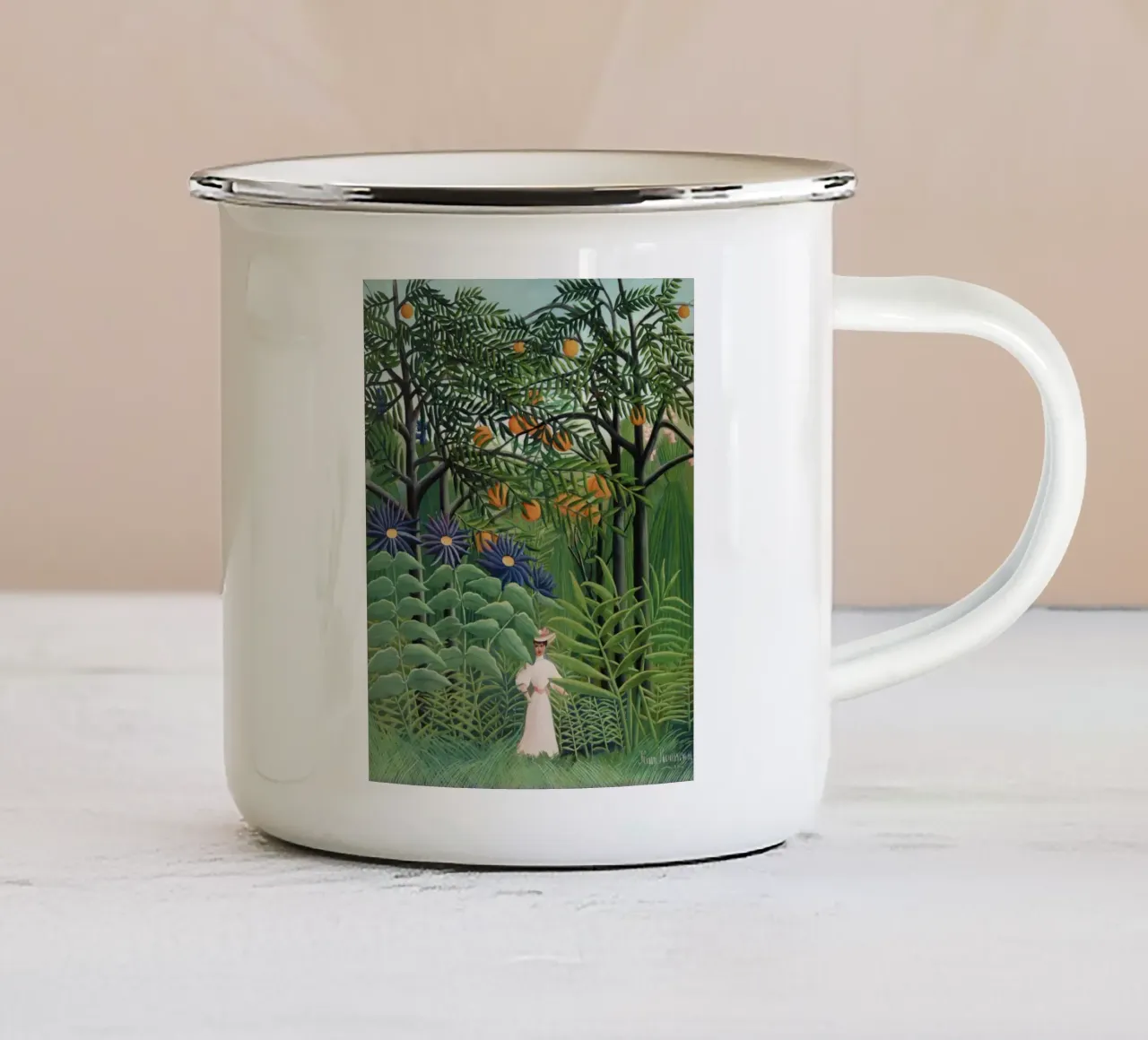 Donna che cammina in una foresta esotica Henri Rousseau tazza in smalto da Art History