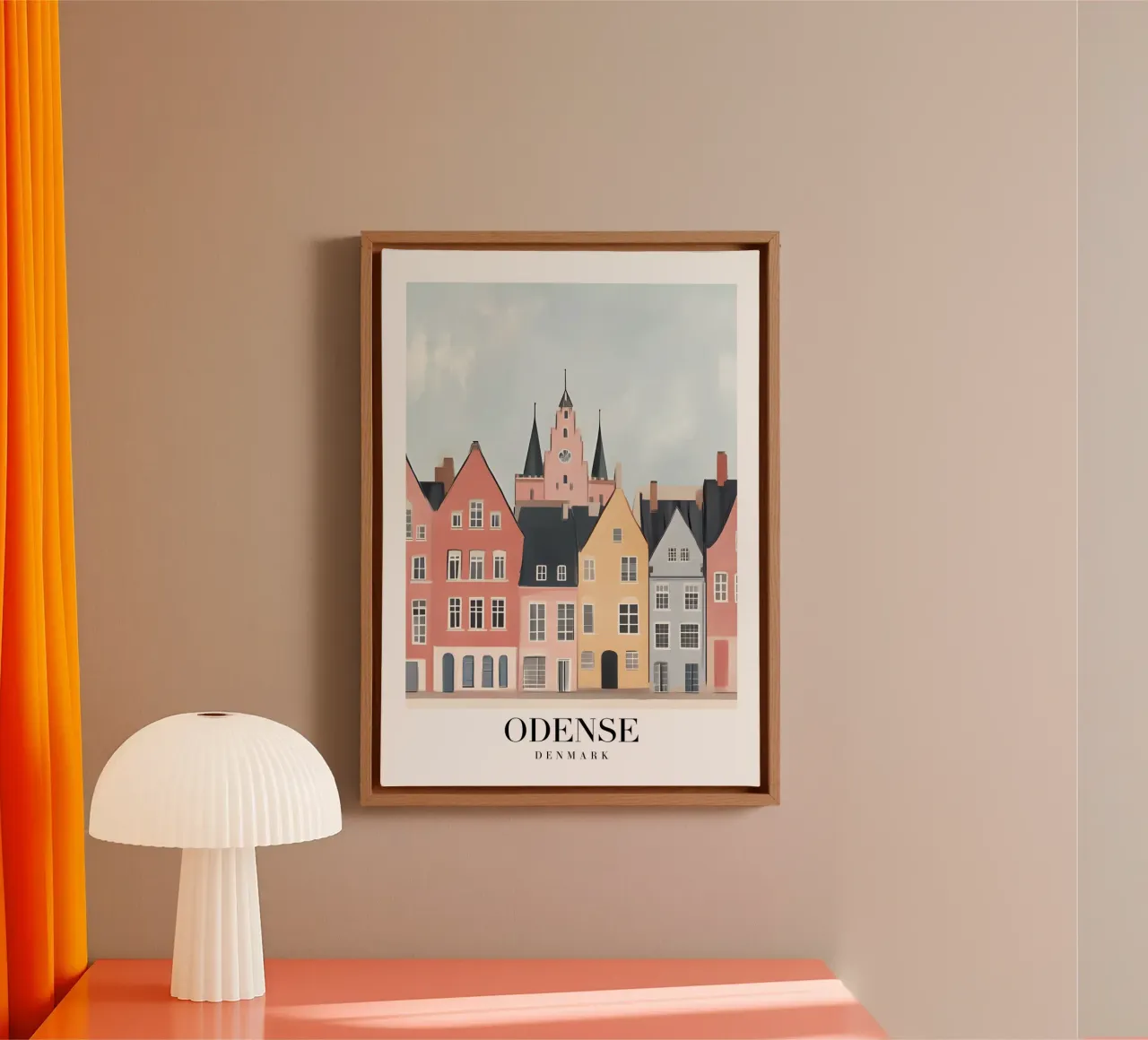 Odense Denmark Cityscape Poster - Nordic Pastel Architecture canvas with Floater frame by homdeco