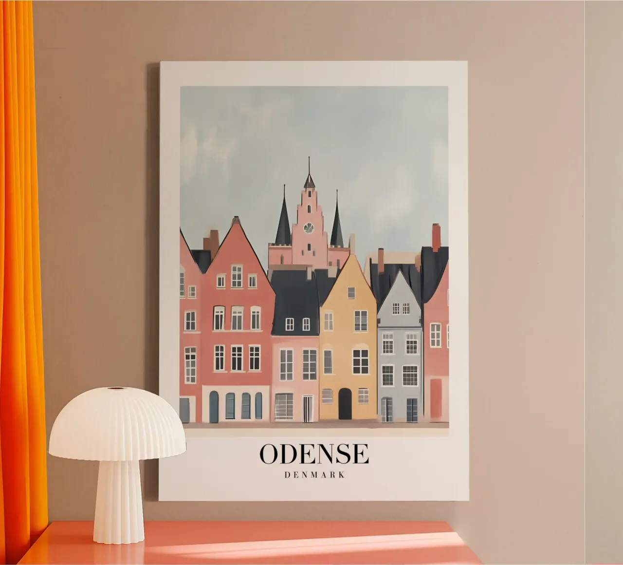 Odense Denmark Cityscape Poster - Nordic Pastel Architecture canvas with Floater frame by homdeco