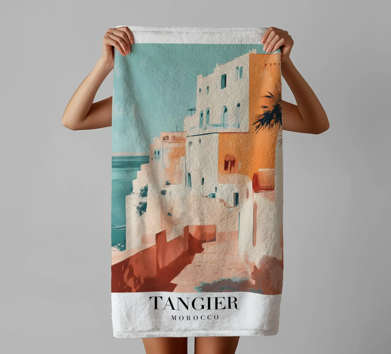 Tanger Maroc Vue côtière - Architecture méditerranéenne Pr serviette de bain de homdeco