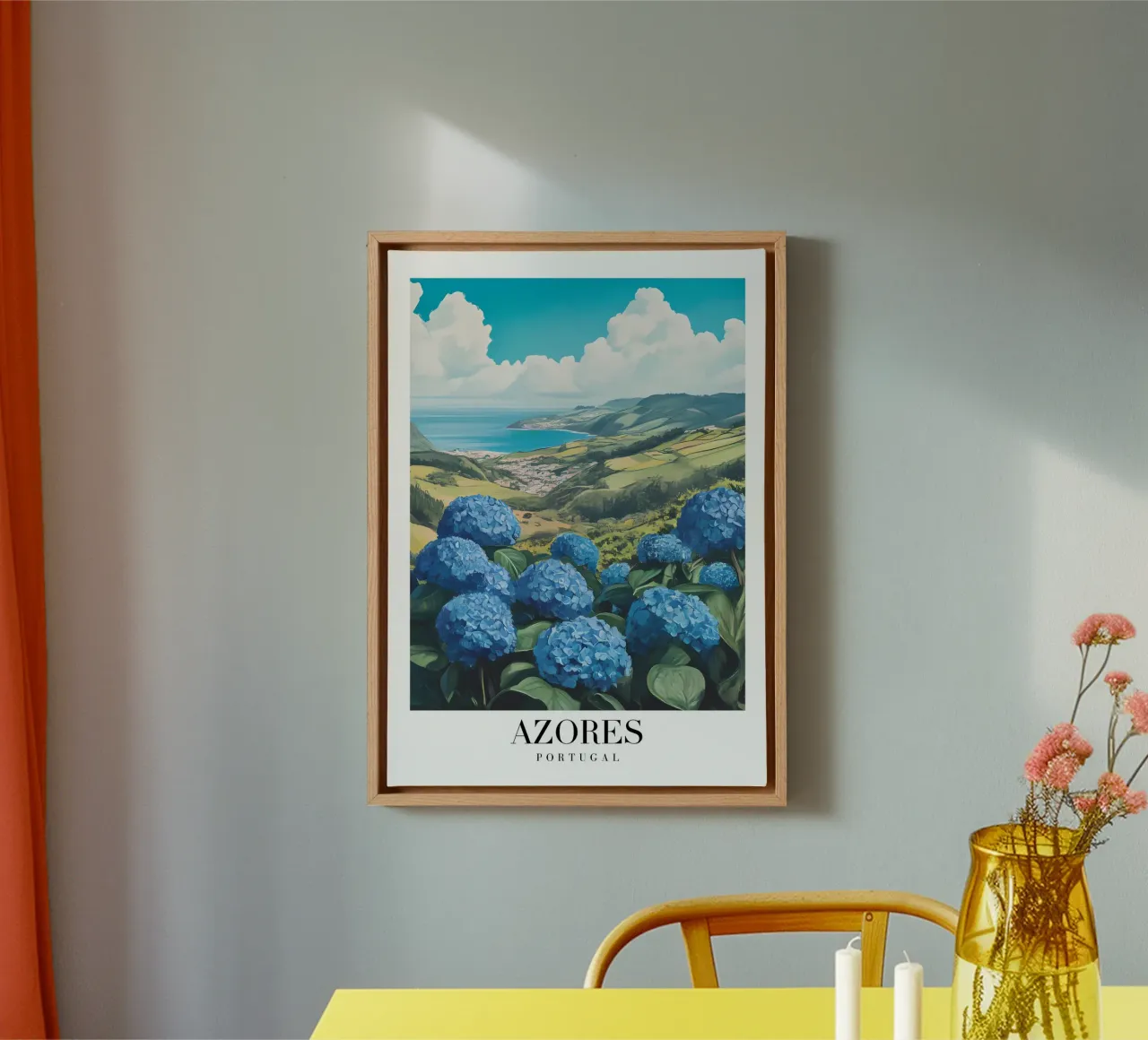 Azoren Portugal Hortensia Landschap - Kustzicht Print canvas met Baklijst van homdeco