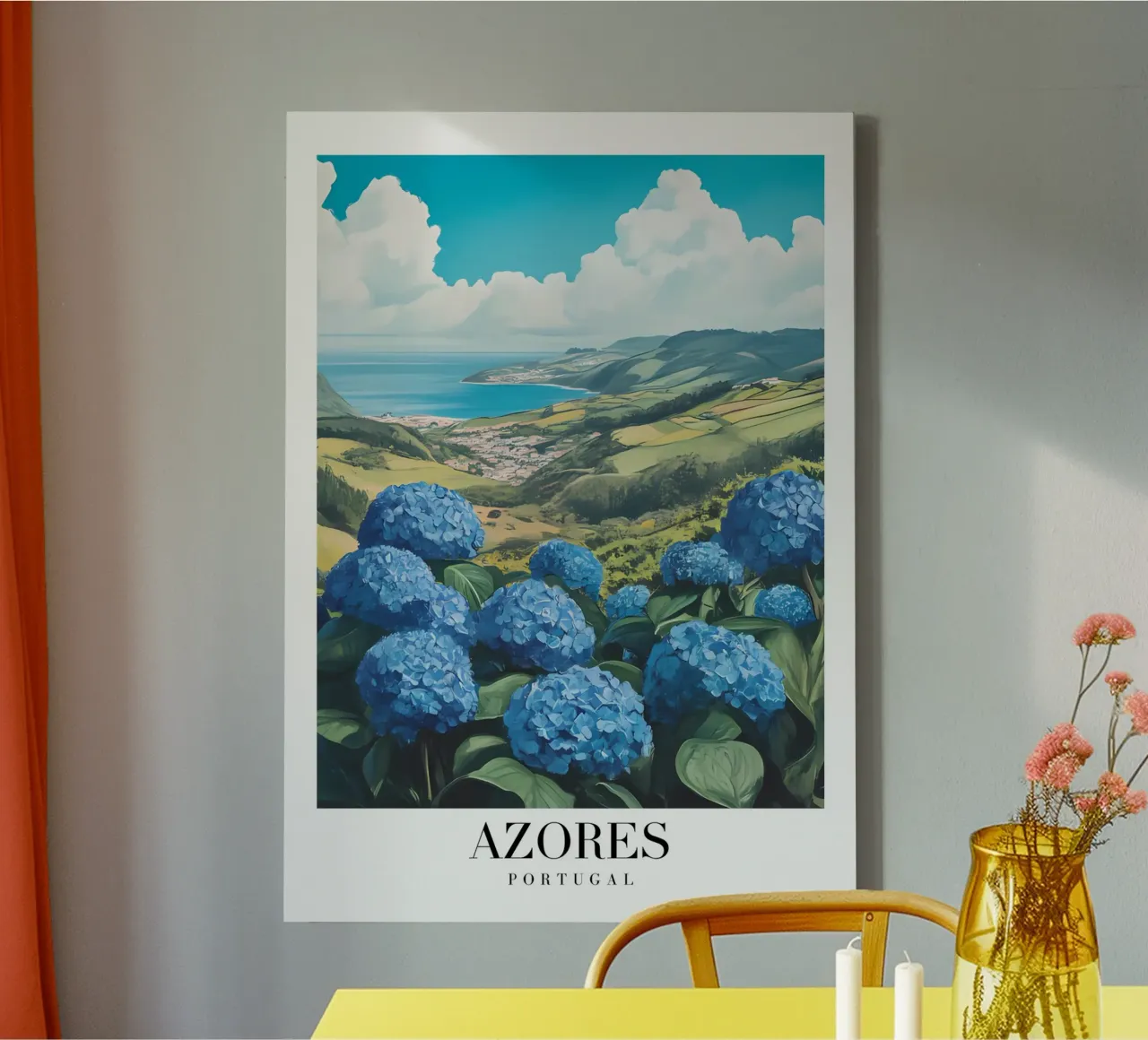 Azoren Portugal Hortensia Landschap - Kustzicht Print canvas met Baklijst van homdeco