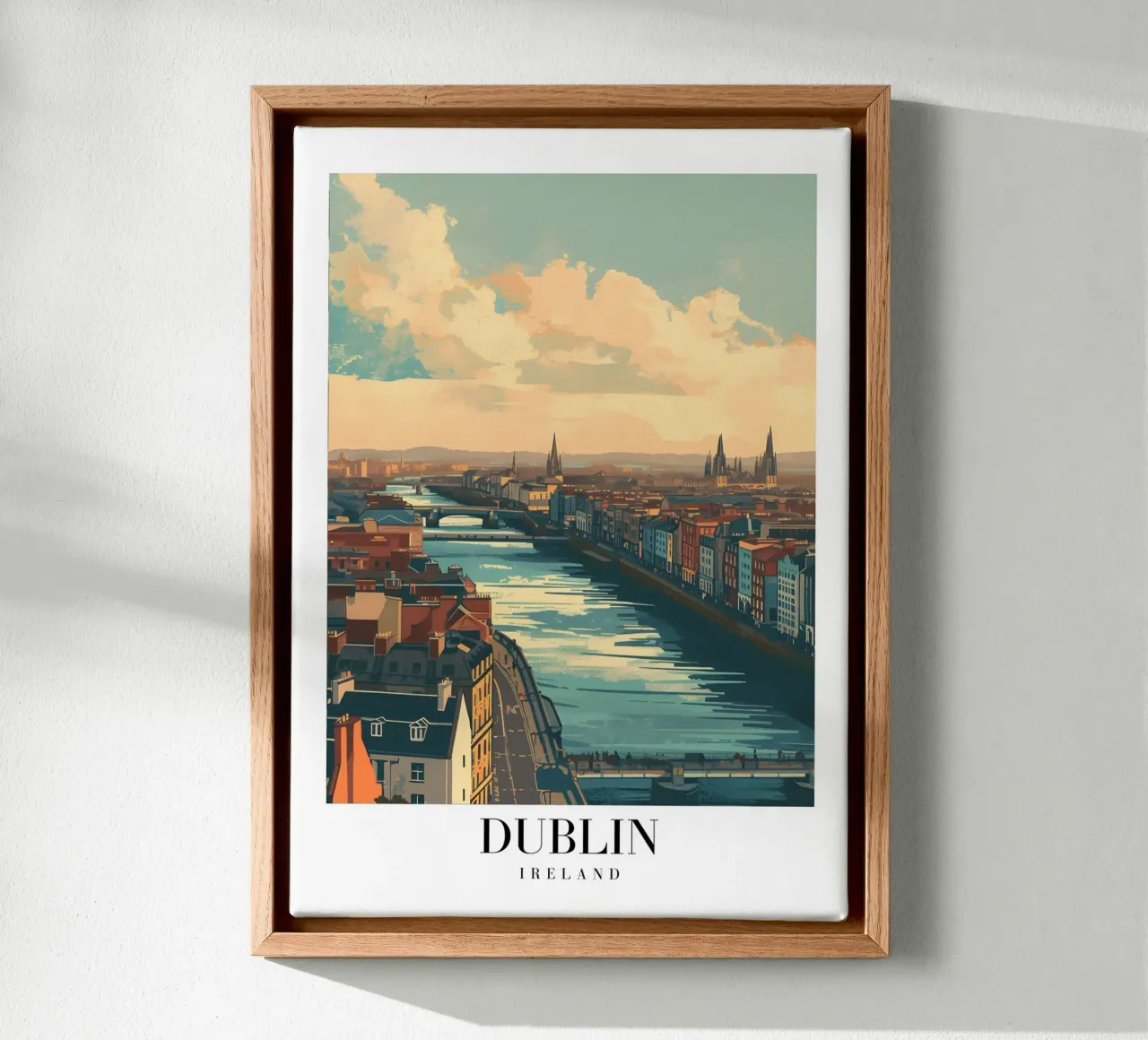 Dublin Ierland rivier Liffey stadsgezicht - panoramische kunstdruk canvas met Baklijst van homdeco