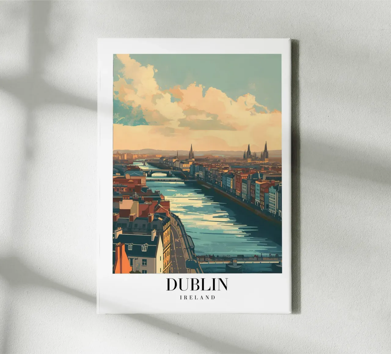 Dublin Ierland rivier Liffey stadsgezicht - panoramische kunstdruk canvas met Baklijst van homdeco