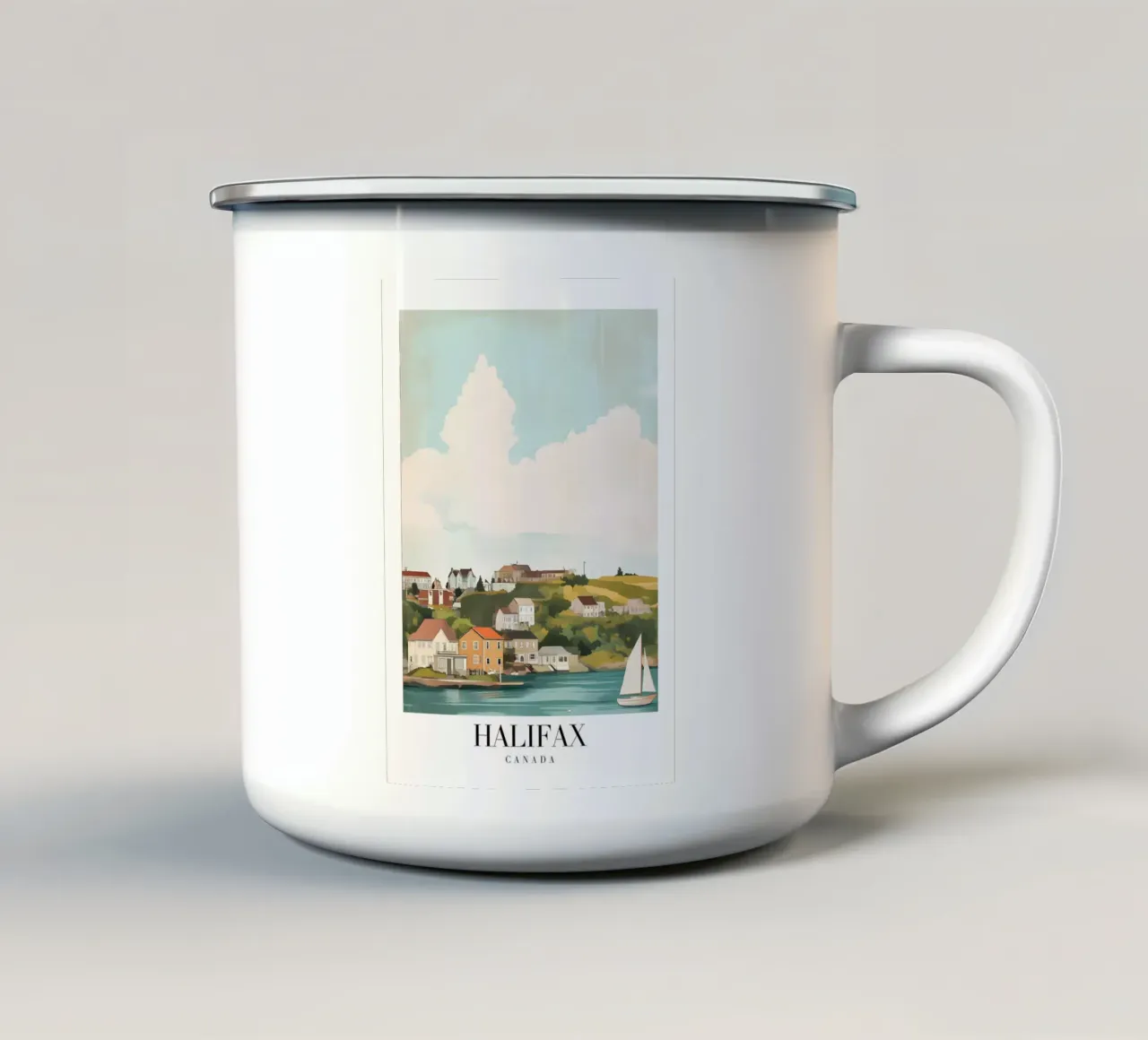 Halifax Nova Scotia Kuststad - Zeilboot & Heuvels Print emaille mok van homdeco