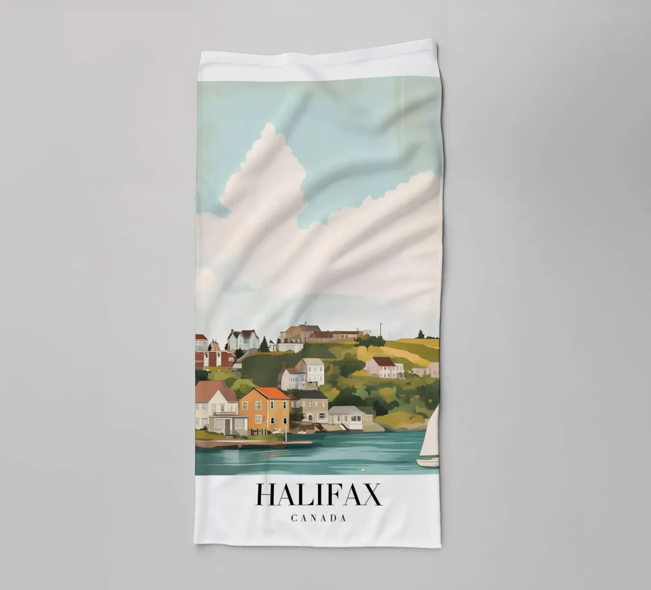 Halifax Nova Scotia Kuststad - Zeilboot & Heuvels Print badhanddoek van homdeco