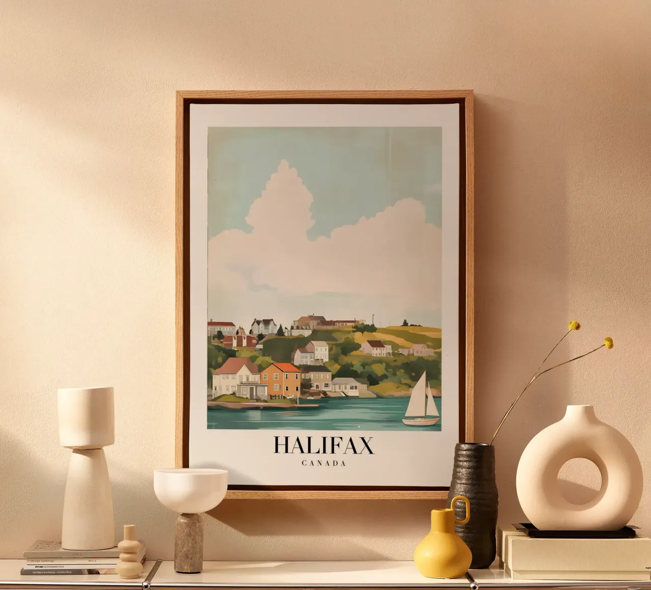 Halifax Nova Scotia Kuststad - Zeilboot & Heuvels Print canvas met Baklijst van homdeco
