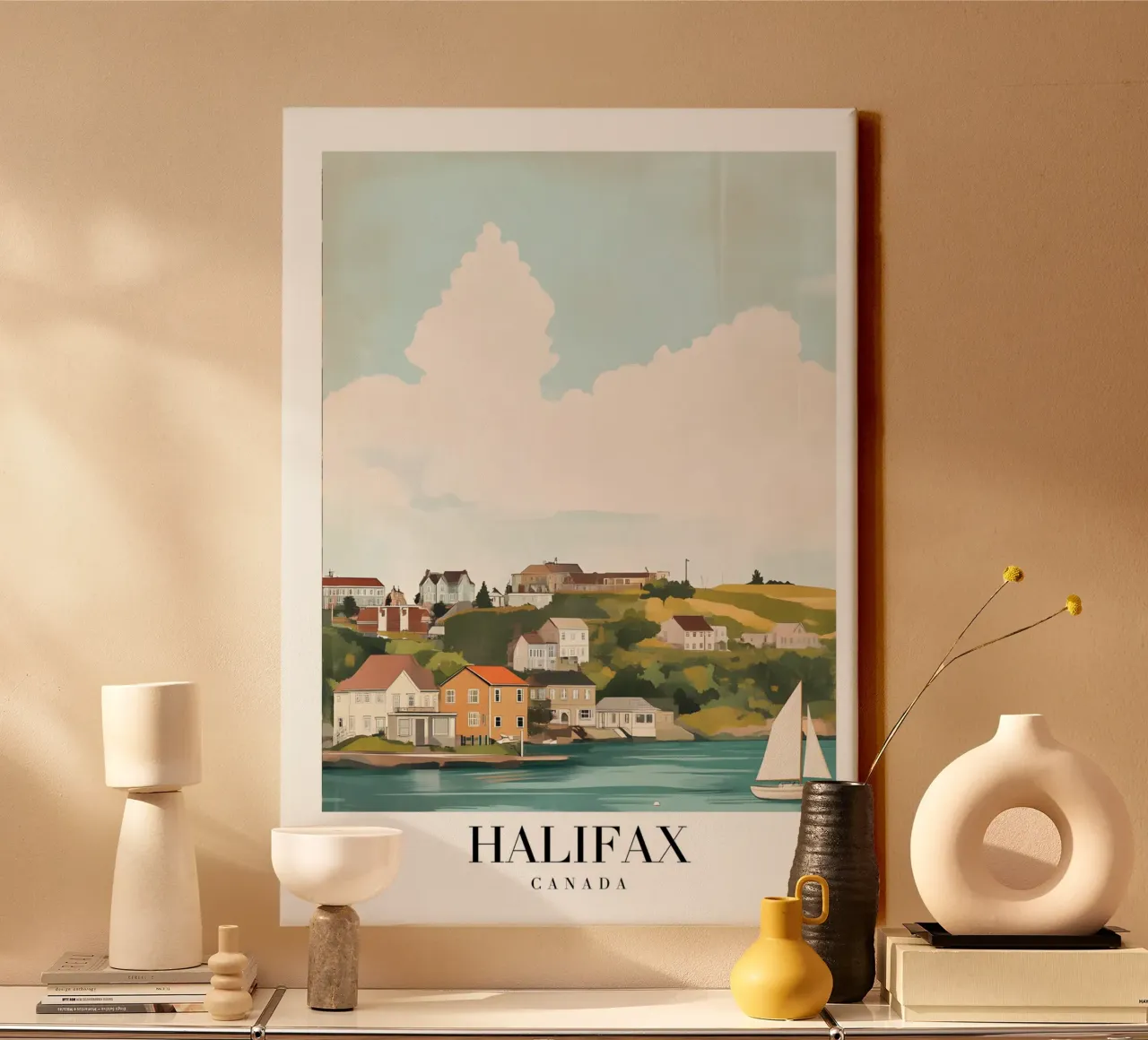 Halifax Nova Scotia Kuststad - Zeilboot & Heuvels Print canvas met Baklijst van homdeco