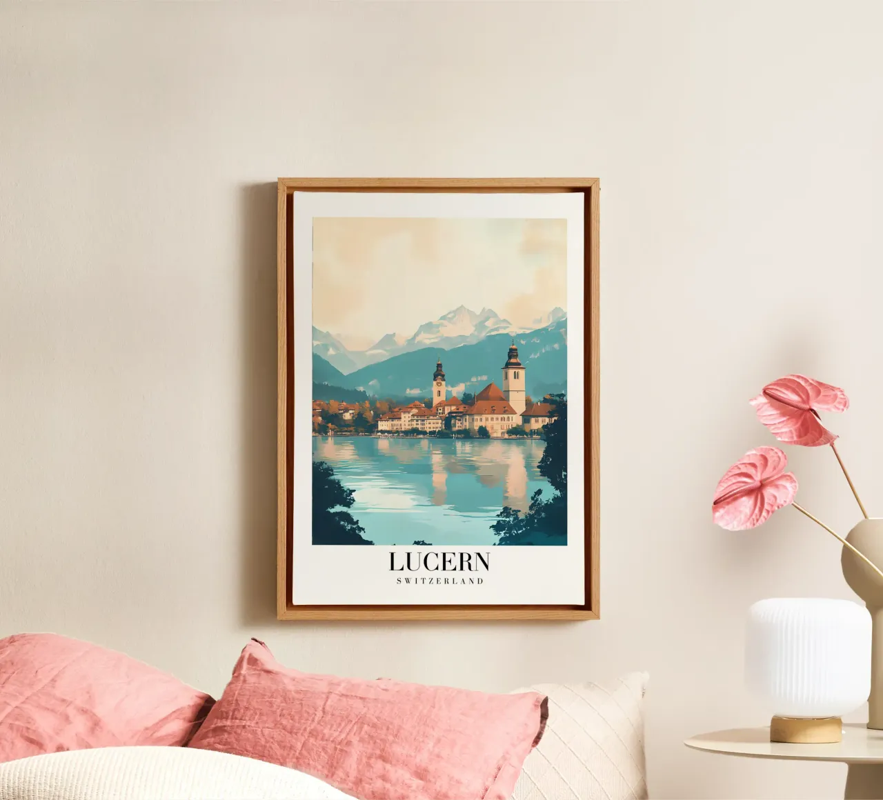 Lucern Zwitserland uitzicht op het meer - Alpine Cityscape Art Print canvas met Baklijst van homdeco