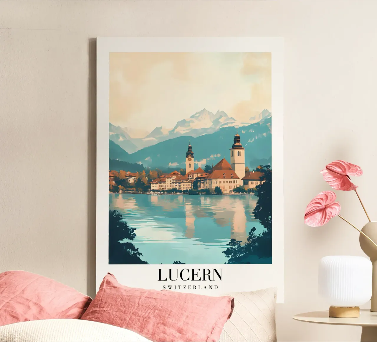 Lucern Zwitserland uitzicht op het meer - Alpine Cityscape Art Print canvas met Baklijst van homdeco