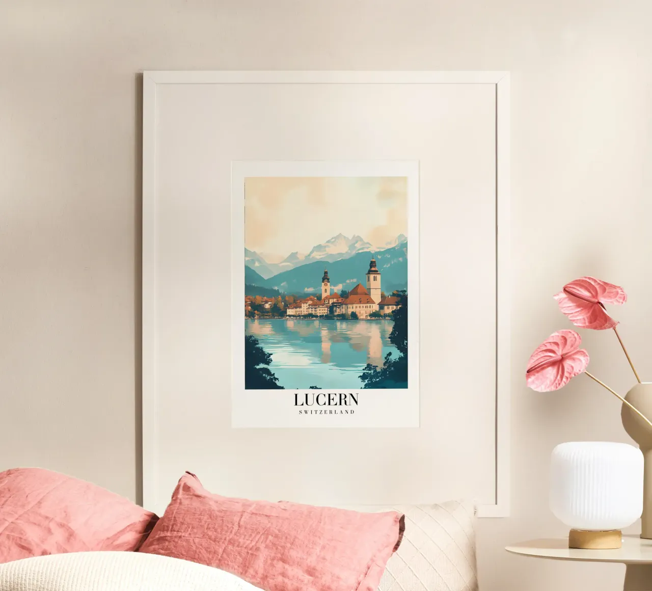 Lucern Zwitserland uitzicht op het meer - Alpine Cityscape Art Print poster met houten frame van homdeco