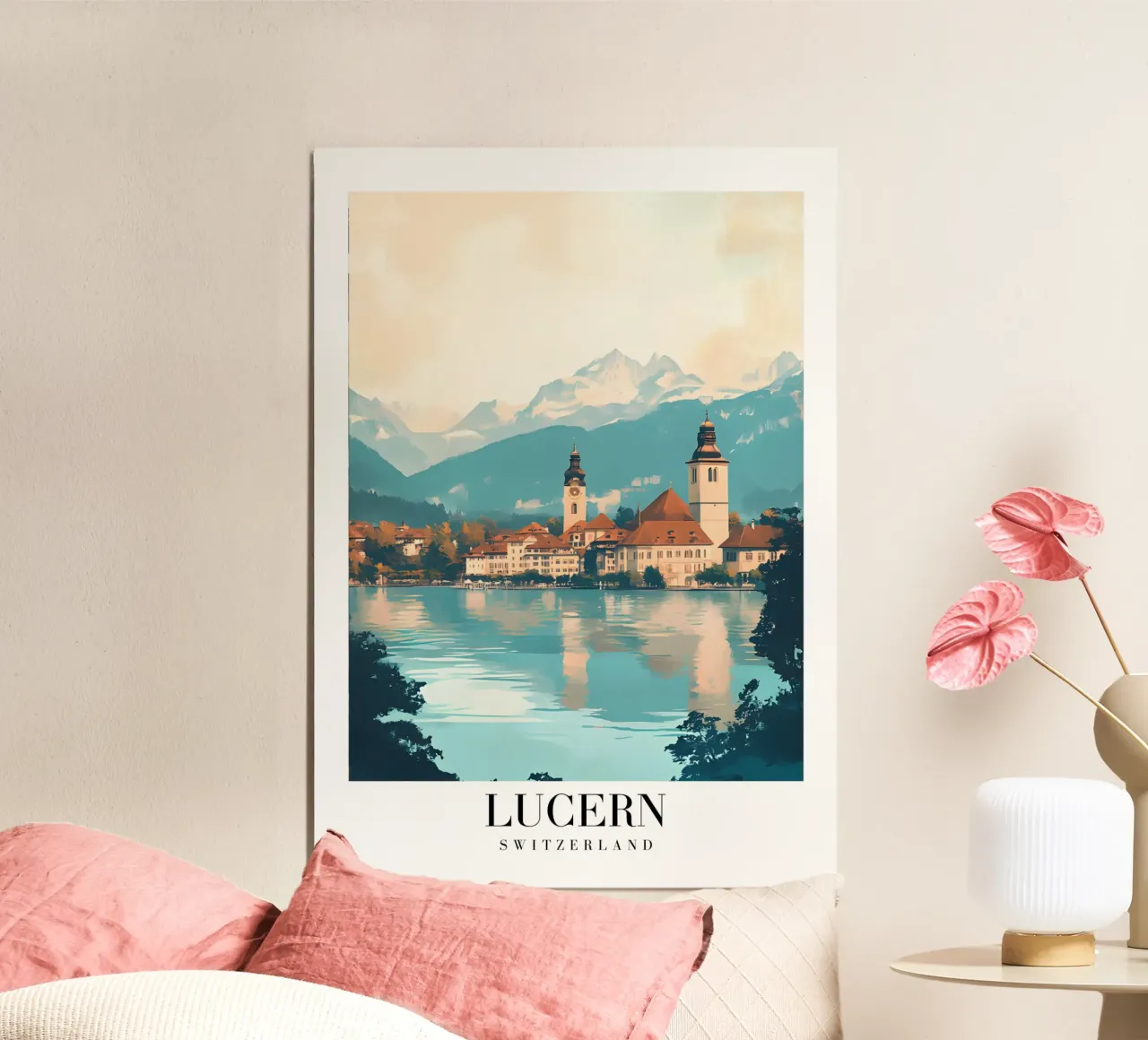 Lucern Zwitserland uitzicht op het meer - Alpine Cityscape Art Print poster met houten frame van homdeco