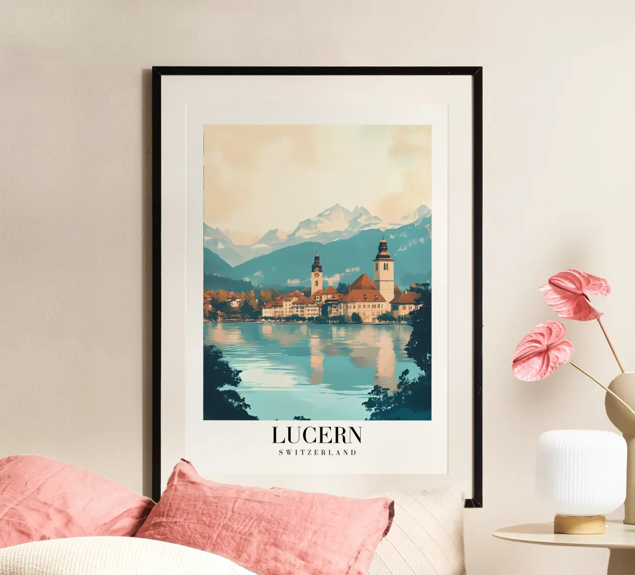 Lucern Zwitserland uitzicht op het meer - Alpine Cityscape Art Print poster met houten frame van homdeco