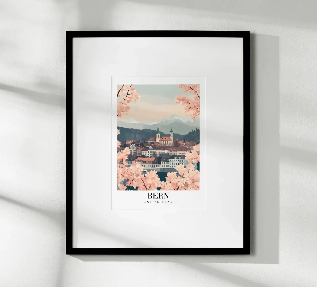 Bern Zwitserland Kersenbloesem stadsgezicht - Alpine Art Print poster van homdeco