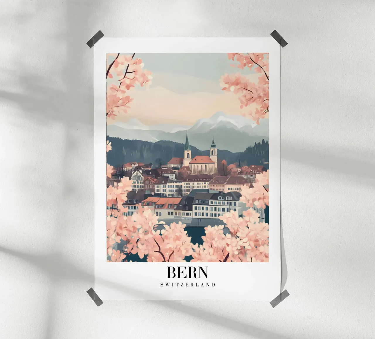Bern Zwitserland Kersenbloesem stadsgezicht - Alpine Art Print poster van homdeco
