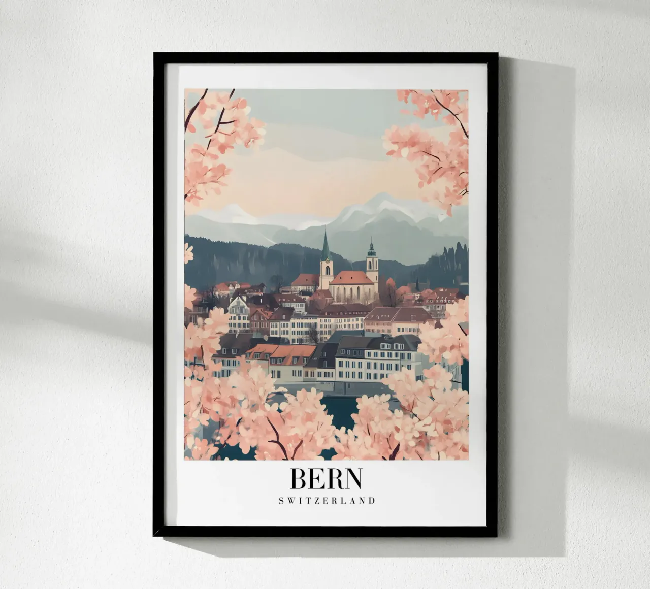 Bern Zwitserland Kersenbloesem stadsgezicht - Alpine Art Print poster van homdeco