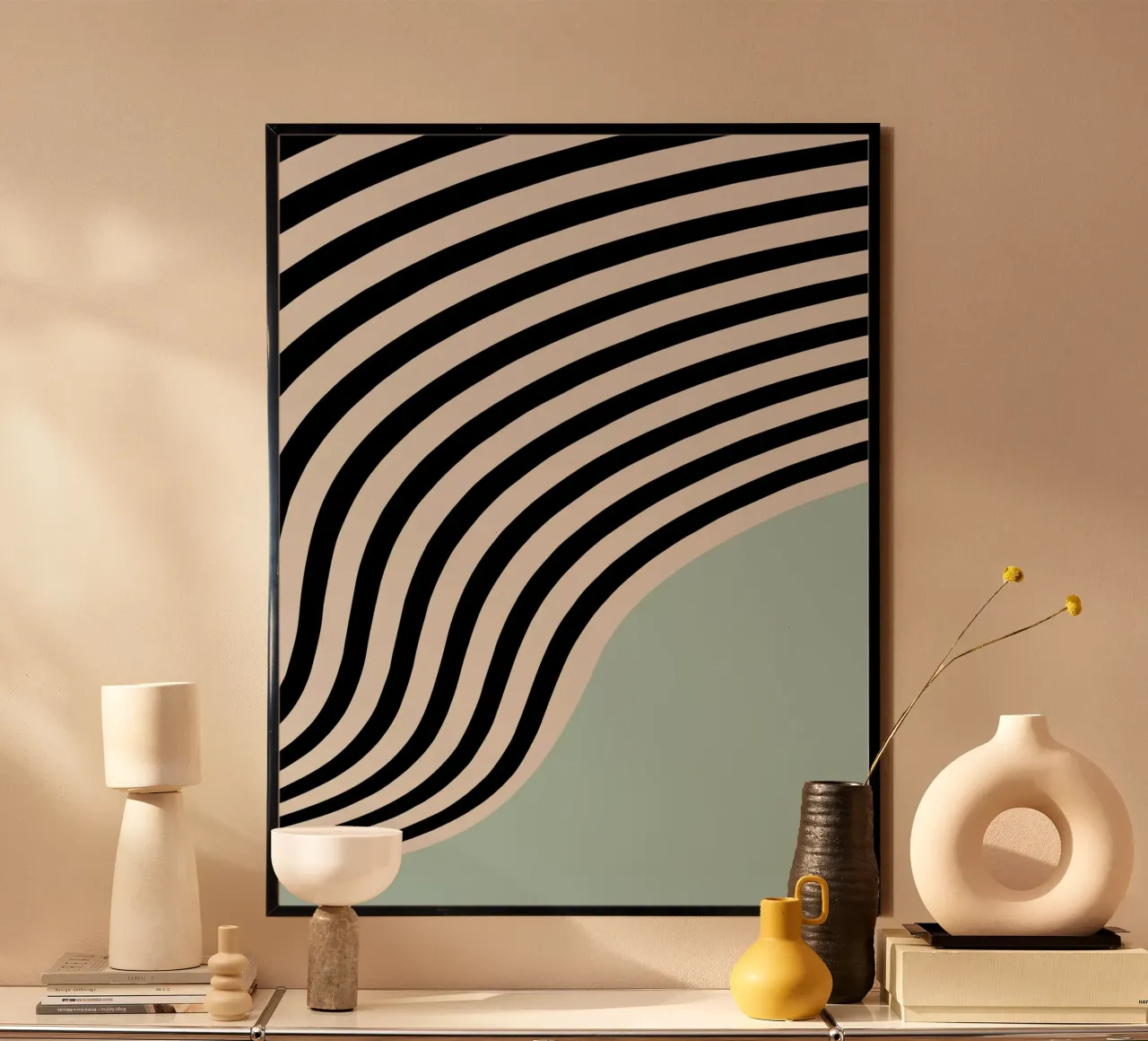 Linee ondulate Bauhaus - Nero Menta Moderno poster con telaio in legno da Studio Vibe