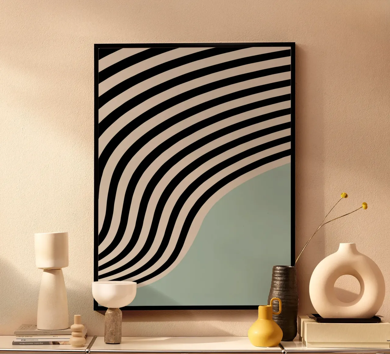 Linee ondulate Bauhaus - Nero Menta Moderno poster con telaio in legno da Studio Vibe