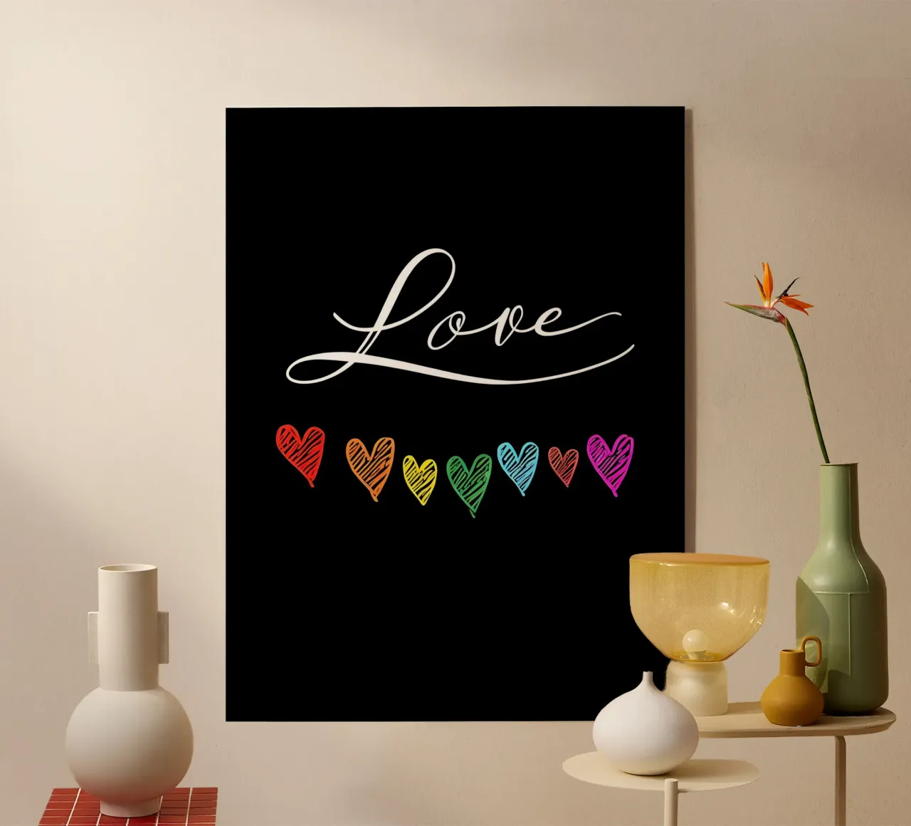 Amore con cuori arcobaleno su nero plexiglass da 🥝 KIWI STORE