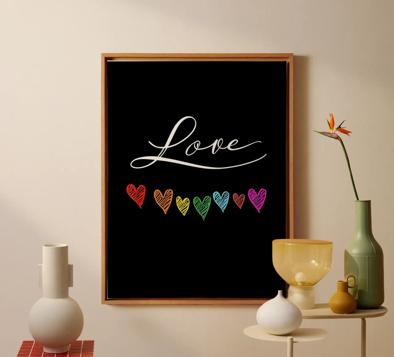 Amore con cuori arcobaleno su nero tela con Cornice a cassetta da 🥝 KIWI STORE