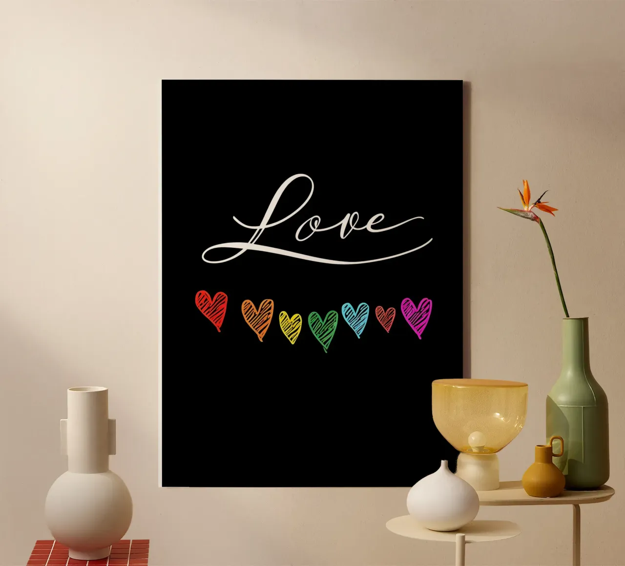 Amore con cuori arcobaleno su nero tela con Cornice a cassetta da 🥝 KIWI STORE
