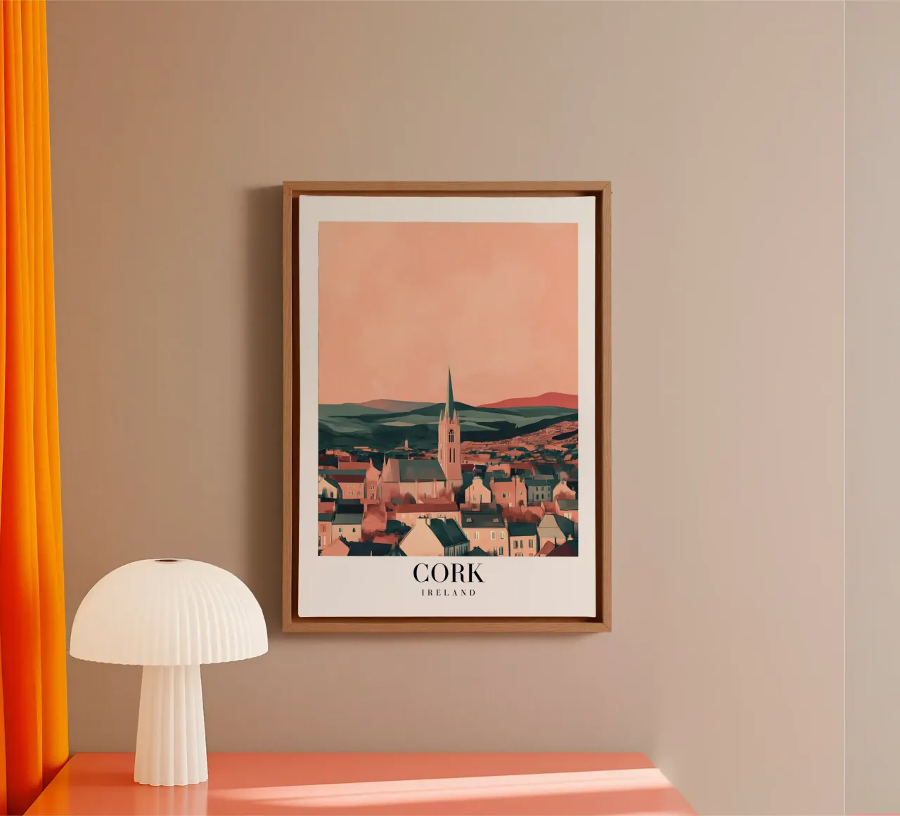 Cork Ierland Stadsgezicht - Kerkspits & Bergen Print canvas met Baklijst van homdeco