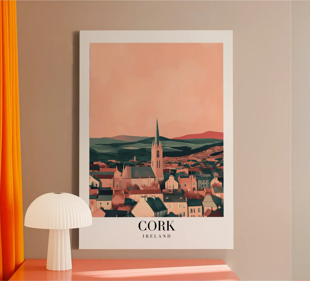 Cork Ierland Stadsgezicht - Kerkspits & Bergen Print canvas met Baklijst van homdeco