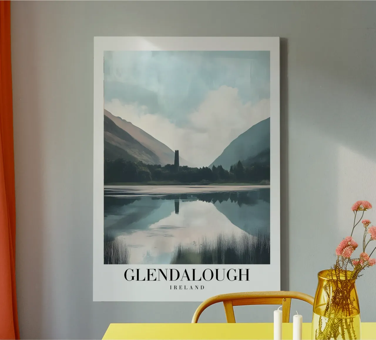 Glendalough Ireland Lake & Round Tower - Misty Landscape canvas with Floater frame by homdeco