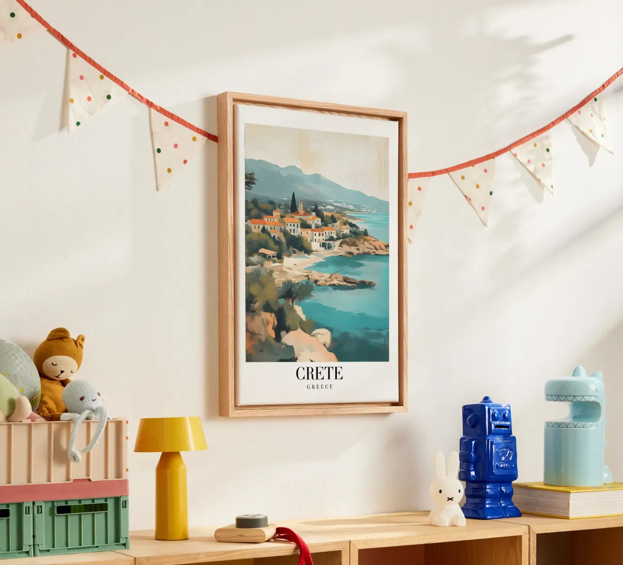 Kreta Griekenland Kustdorp - Mediterraanse Zeegezicht Kunst canvas met Baklijst van homdeco