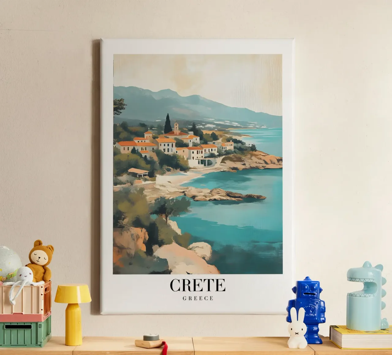 Kreta Griekenland Kustdorp - Mediterraanse Zeegezicht Kunst canvas met Baklijst van homdeco