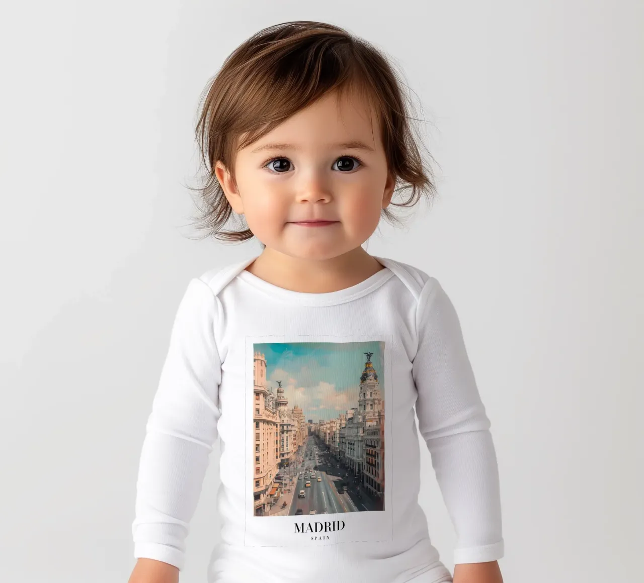 Madrid Spain Gran Via Skyline - Urban Architecture Print long-sleeve baby romper by homdeco