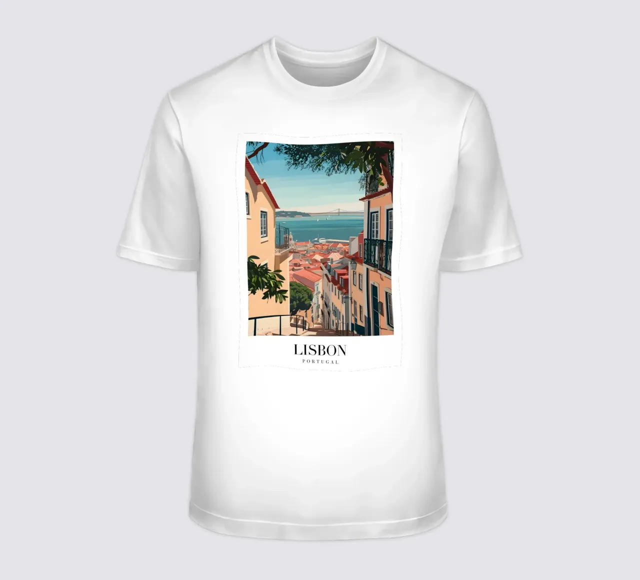 Lisbona Portogallo Tetti e ponti - Alfama Street View t-shirt da homdeco