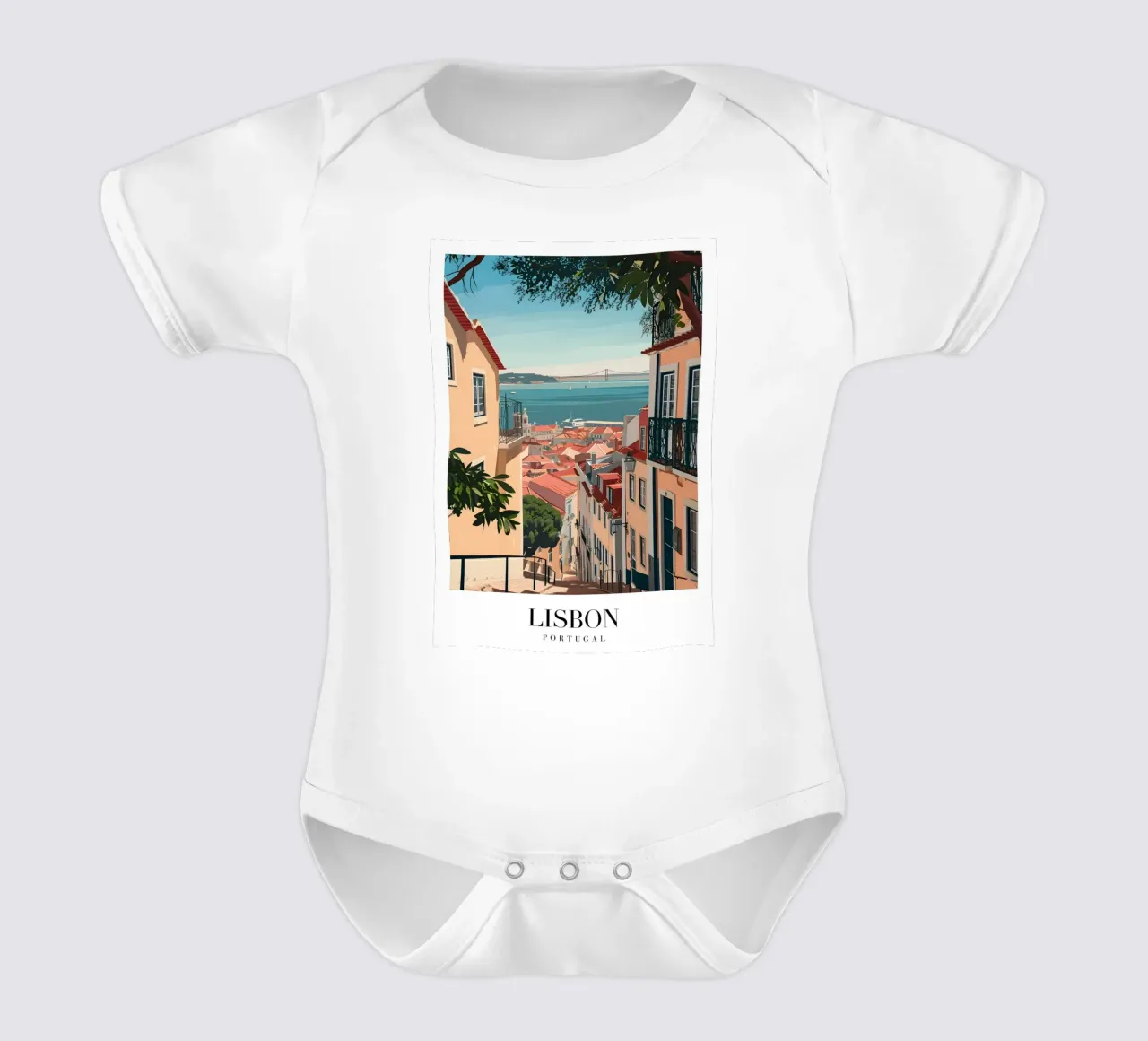 Lisbon Portugal Rooftops & Bridge - Alfama Street View short-sleeve baby romper by homdeco