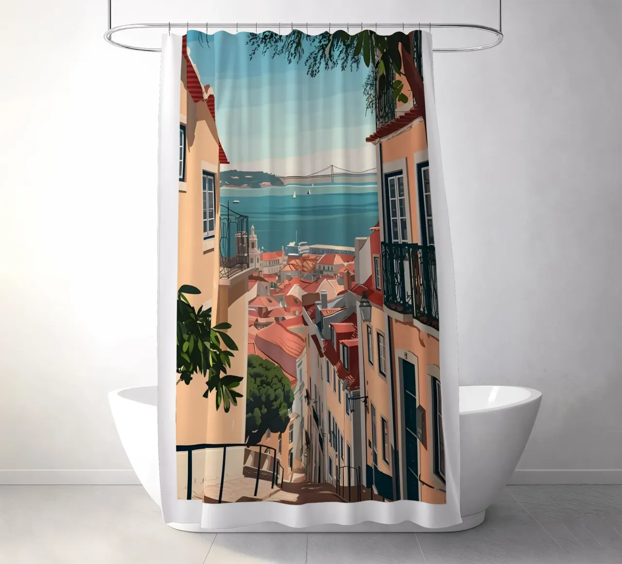 Lisbon Portugal Rooftops & Bridge - Alfama Street View shower curtain by homdeco
