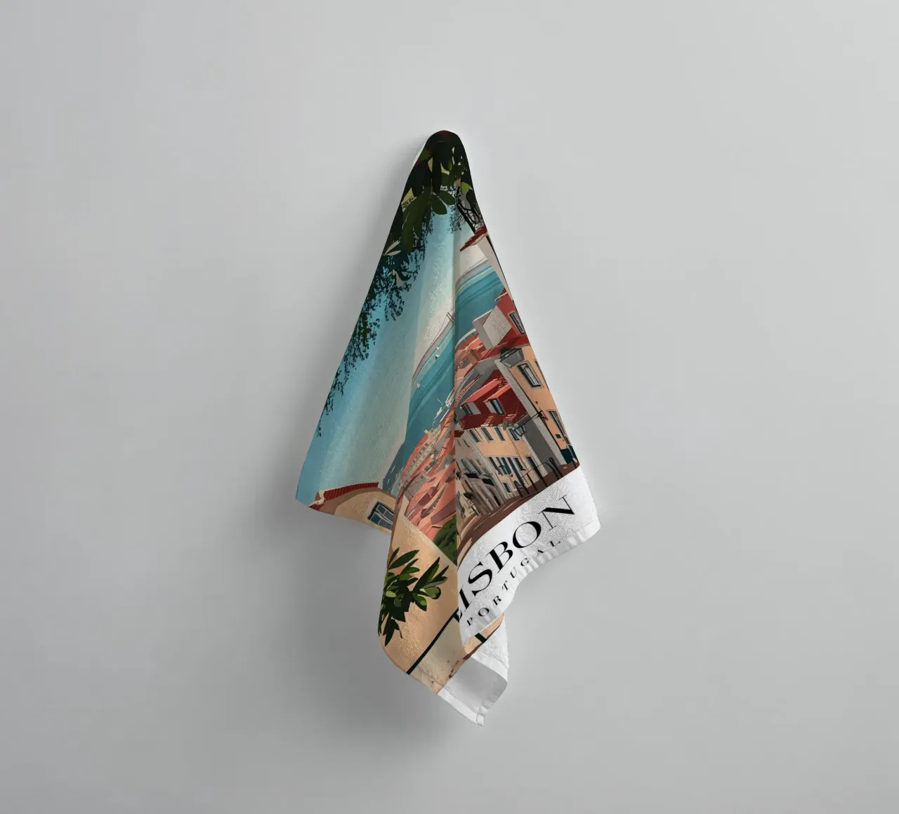 Lisbon Portugal Rooftops & Bridge - Alfama Street View towel by homdeco