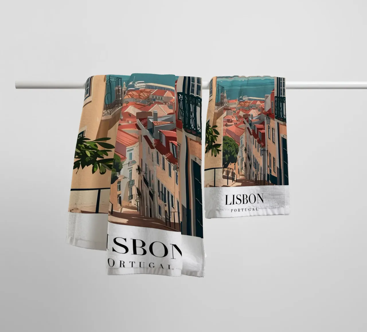 Lisbon Portugal Rooftops & Bridge - Alfama Street View towel by homdeco