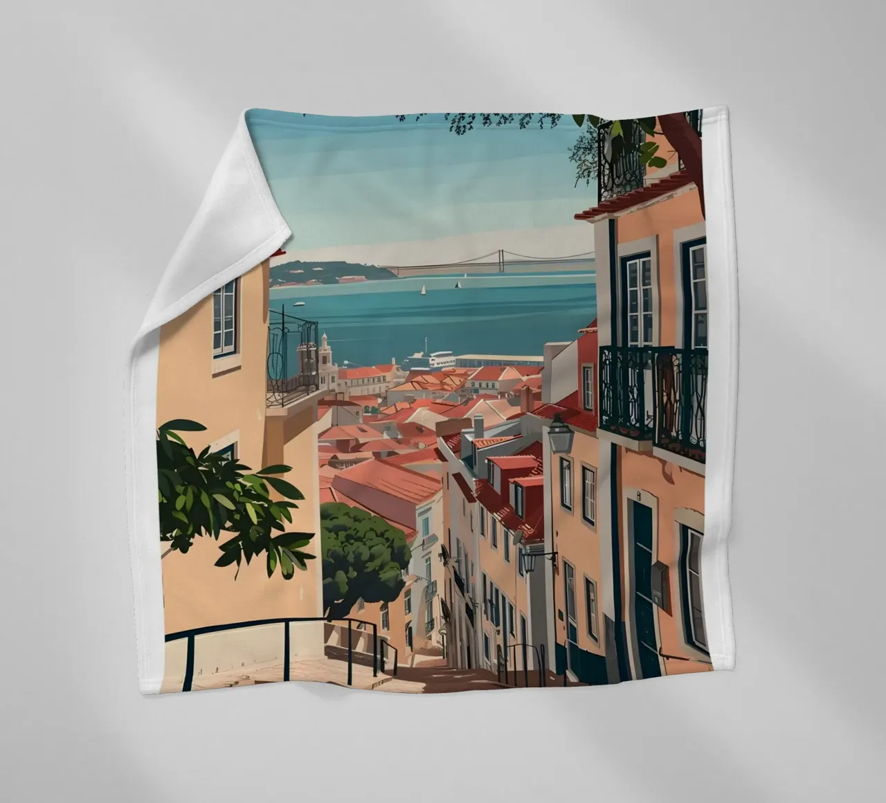 Lisbon Portugal Rooftops & Bridge - Alfama Street View fleecedeken van homdeco