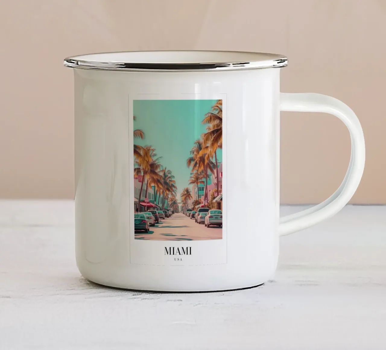 Miami Beach Ocean Drive - Stampa Art Deco Palm Trees tazza in smalto da homdeco