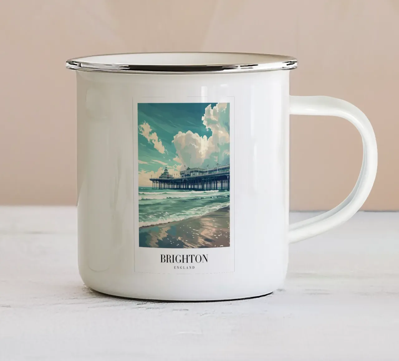 Molo di Brighton, Inghilterra - Stampa d'arte su spiaggia costiera tazza in smalto da homdeco