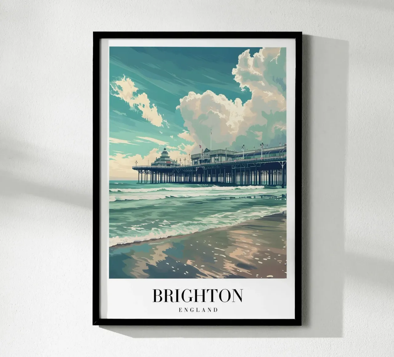 Molo di Brighton, Inghilterra - Stampa d'arte su spiaggia costiera poster con telaio in alluminio da homdeco