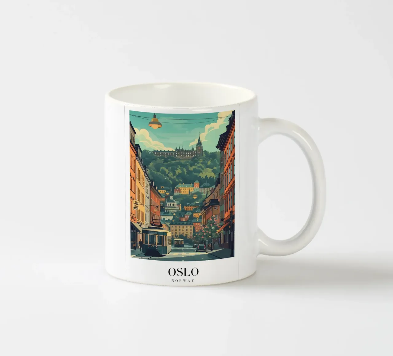 Oslo Norvegia - Scena urbana - Edificio storico e tram Stampa tazza in ceramica da homdeco