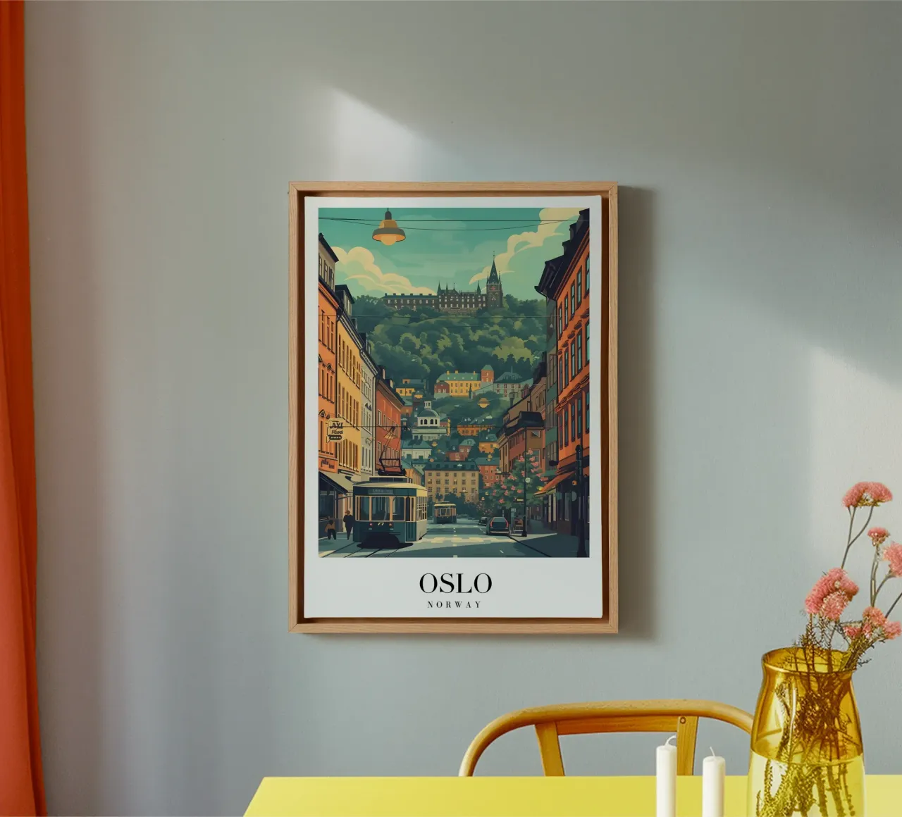 Oslo Noorwegen Stadsgezicht - Historisch gebouw & Tram Print canvas met Baklijst van homdeco