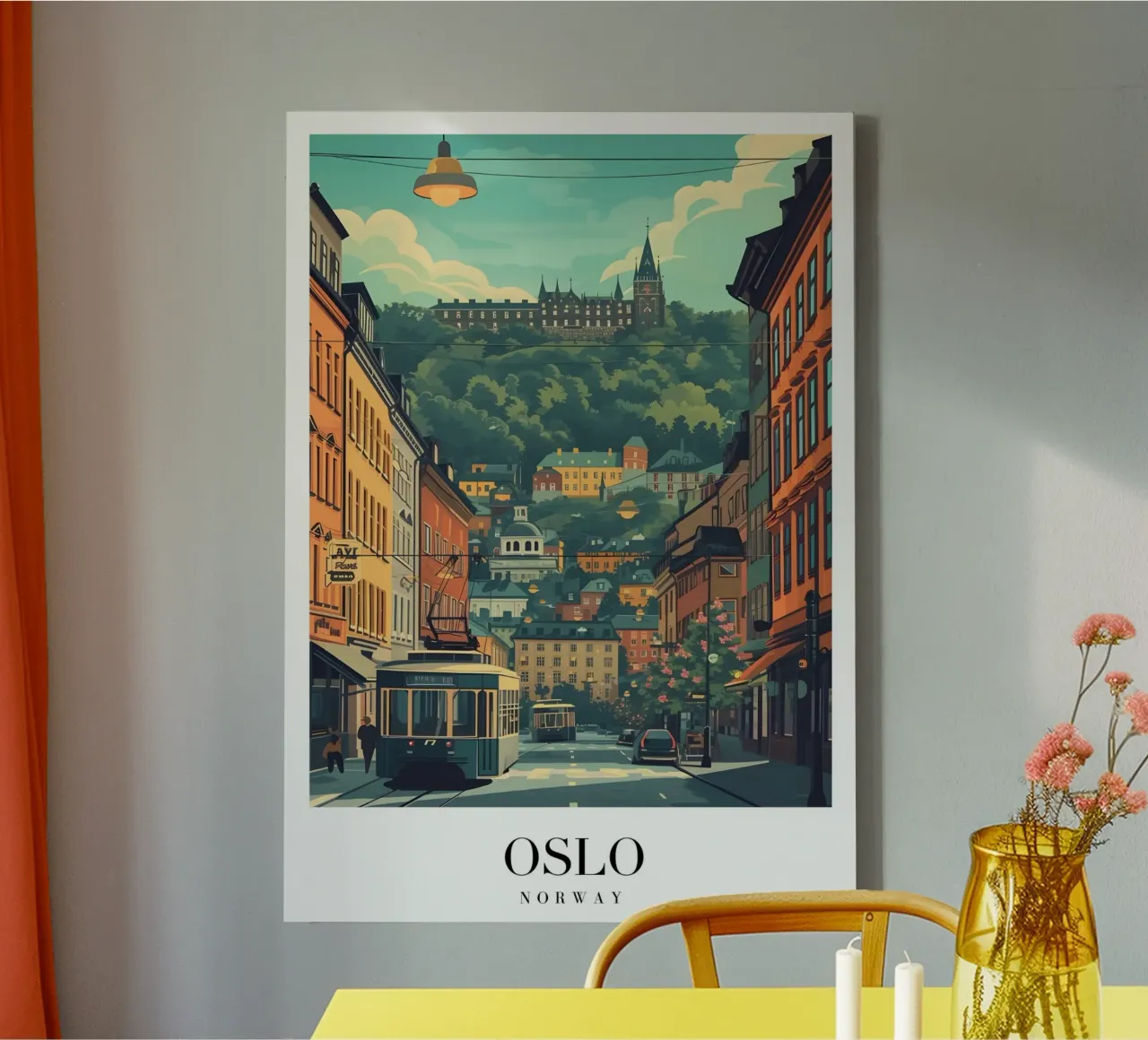Oslo Noorwegen Stadsgezicht - Historisch gebouw & Tram Print canvas met Baklijst van homdeco