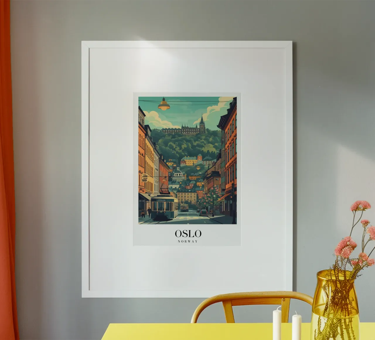 Oslo Noorwegen Stadsgezicht - Historisch gebouw & Tram Print poster van homdeco