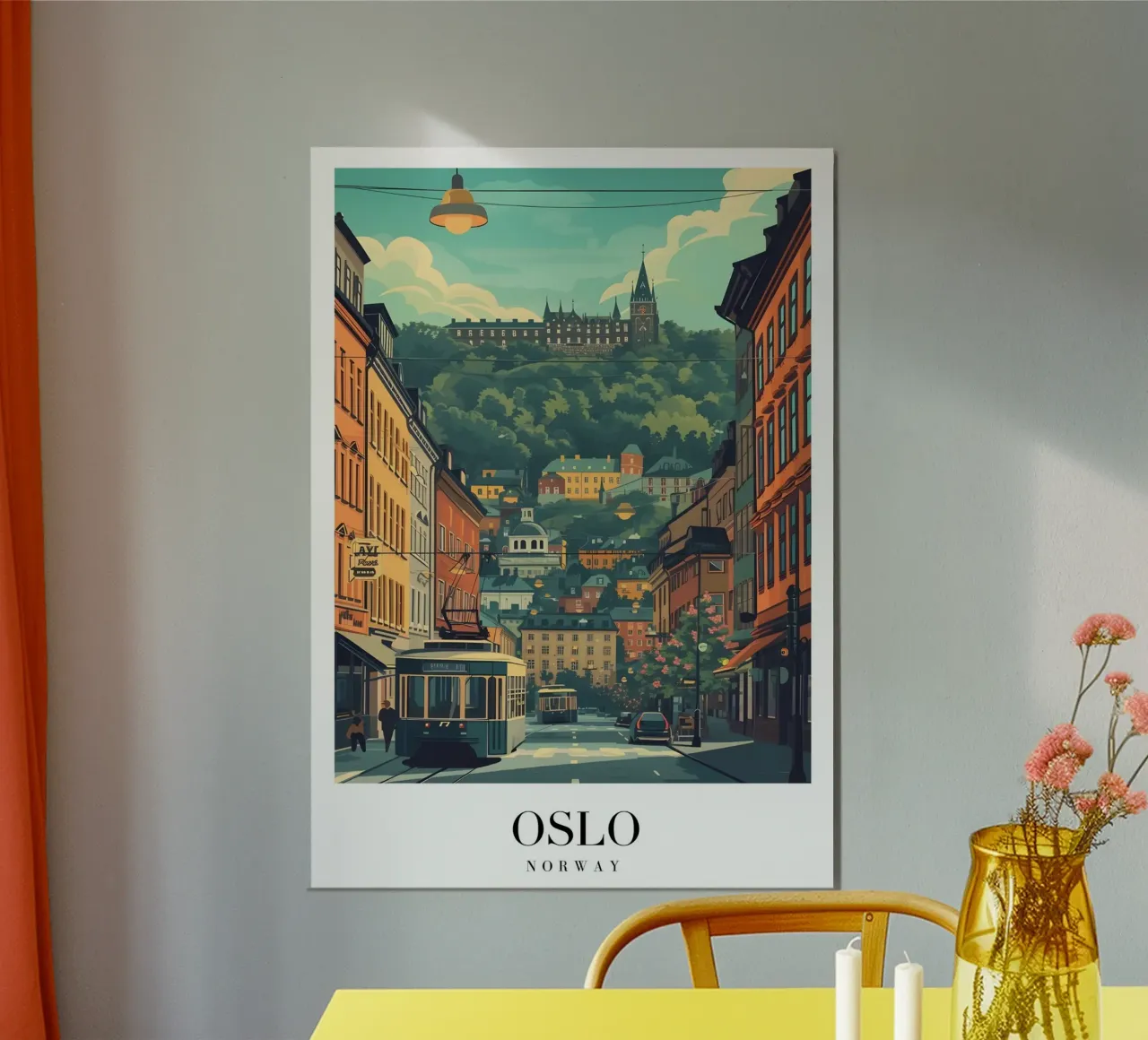 Oslo Noorwegen Stadsgezicht - Historisch gebouw & Tram Print poster van homdeco