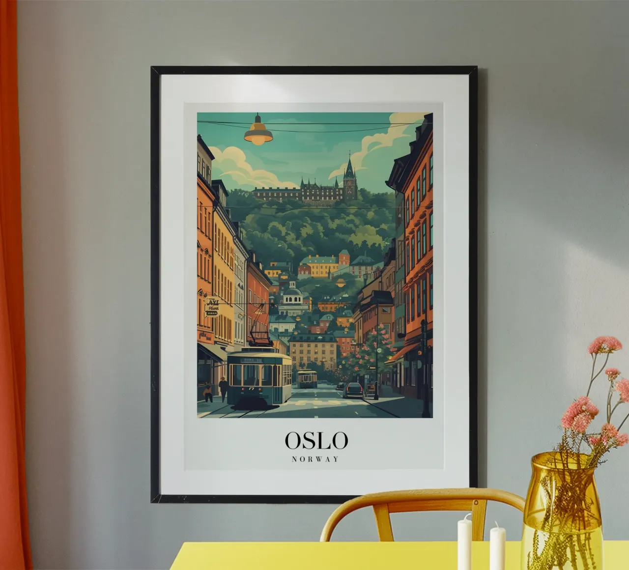 Oslo Noorwegen Stadsgezicht - Historisch gebouw & Tram Print poster van homdeco