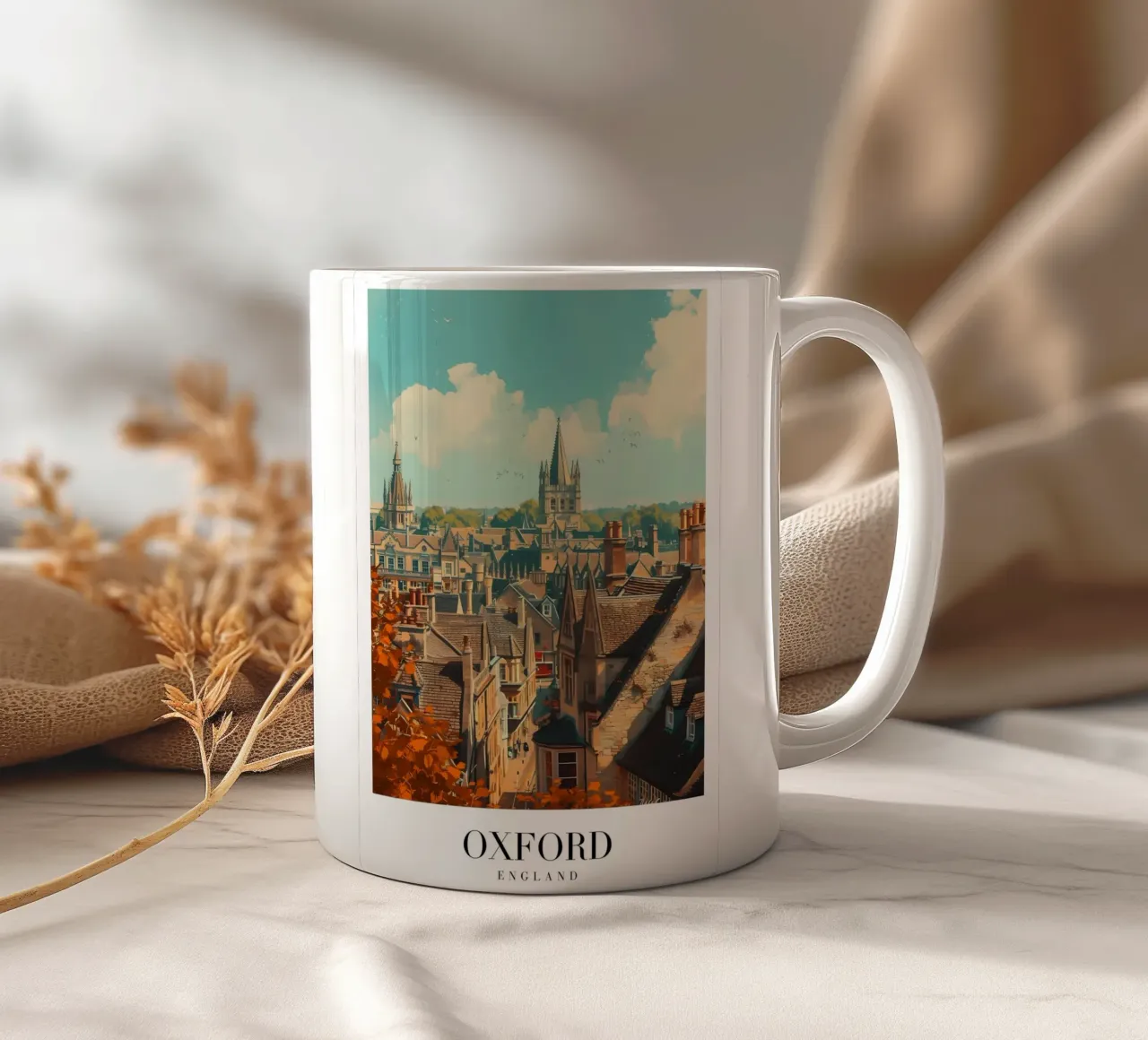 Oxford England Rooftops & Spires - Historic Cityscape Art ceramic mug by homdeco