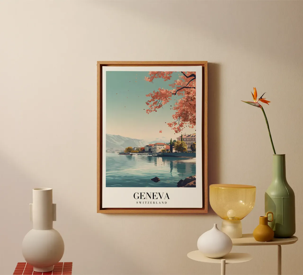 Meer van Genève Zwitserland & Kersenbloesems - Alpenstad canvas met Baklijst van homdeco