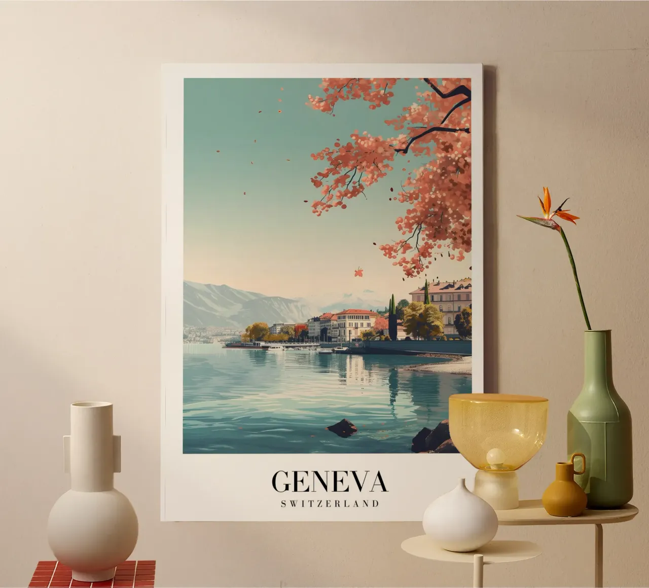 Meer van Genève Zwitserland & Kersenbloesems - Alpenstad canvas met Baklijst van homdeco