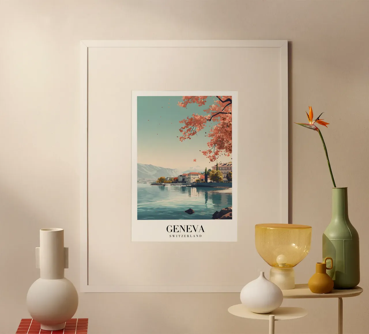Lago di Ginevra e ciliegi in fiore - Città alpina poster con telaio in legno da homdeco